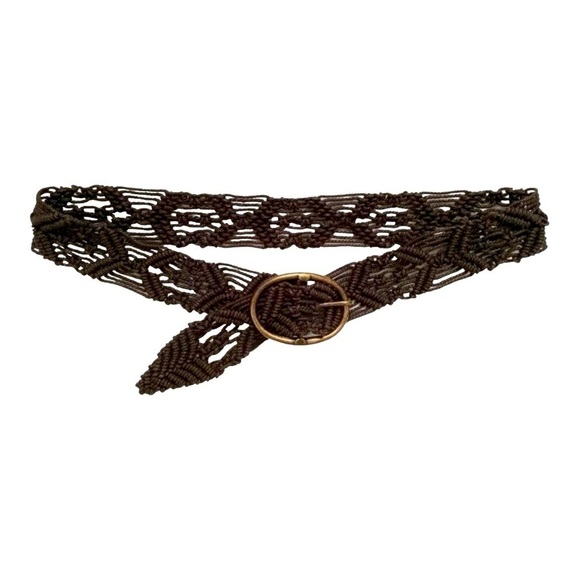 Vtg Hippie Macrame Belt Adjustable Brown Leather Brass Buckle Boho - Picture 1 of 12